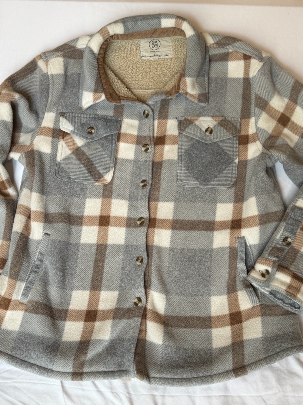Sherpa Lined Plaid Shirt Jacket Shacket Gray Brown Cream Size Large